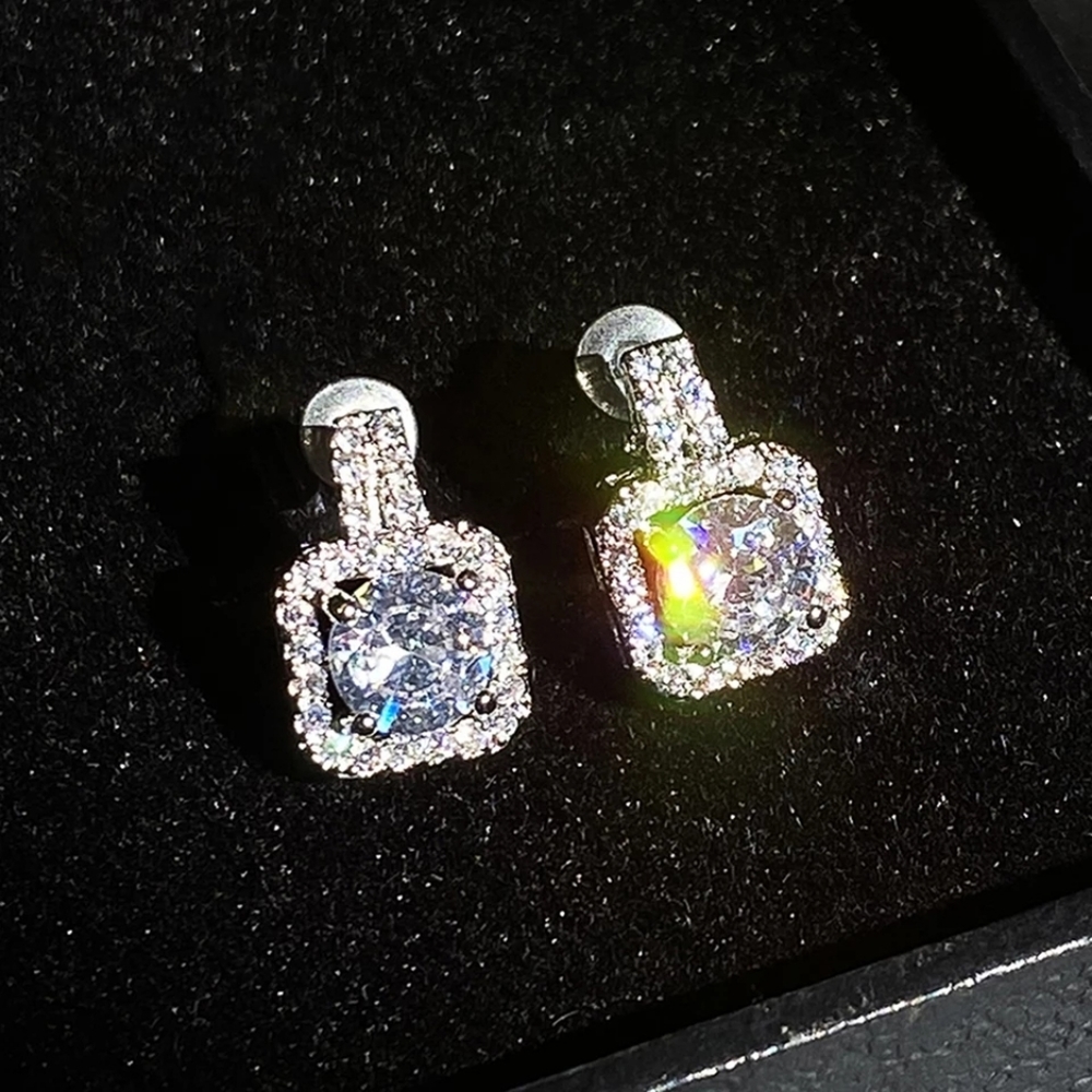 Square Shape Women Diamond silver Stud Earring